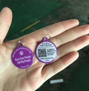 Purple dog ID tag in woman's hand