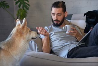 Man talking to Dog in Doggo Lingo