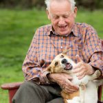 Older man playing with dog in park